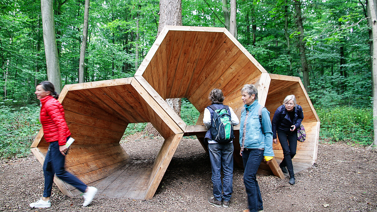 Vier Frauen schauen sich ein künstlerisches Bauwerk aus Holz in einem Wald an. Es besteht aus drei wabenartigen, sechseckigen Holzzylindern.